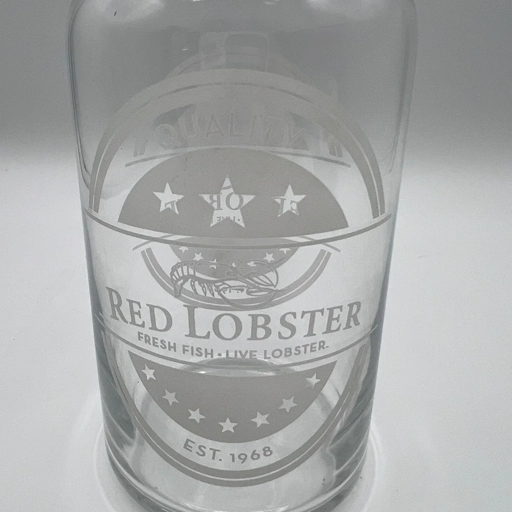 Red Lobster Can shaped Glass Etched Logo 1968 Barware